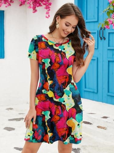 KORSIS Summer Dress for Women Multicolor M Casual T-Shirt Short Sleeve Dresses Swing Flowy Beach Vacation Sundress with Pockets - Thumbnail 3