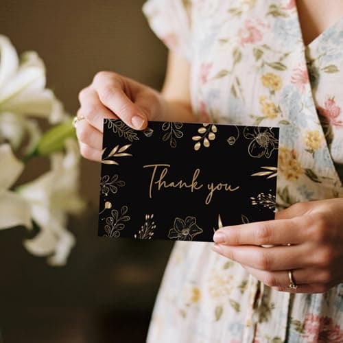 Oaken Leaford 108 Pack Pre-Folded Floral Thank You Cards with Envelopes & Stickers, 6 Elegant Designs for Wedding, Baby Shower, Bridal Shower, Teacher Gifts (Black Gold) - Thumbnail 5