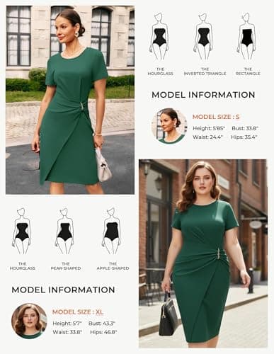 GRACE KARIN Work Dresses for Women 2026 Short Sleeve Sheath Business Dress Ruched Bodycon Office Cocktail Dress Dark Green S - Thumbnail 6