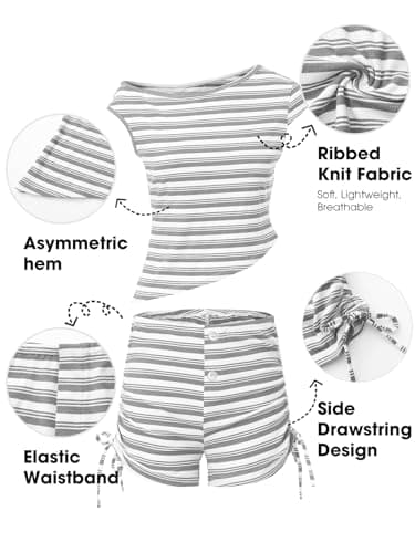 EXLURA Women 2 Piece Summer Outfits Casual Striped Lounge Set Ribbed Knit Off Shoulder Short Sleeve Top and Drawstring Shorts - Thumbnail 2