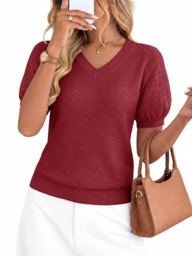 LaGracia Puff Short Sleeve Sweater for Women Summer Puff Sleeve Sweater Tops Spring V Neck Cauasl Dressy Shirts Cute 2026 Dark Red XL - Image 1