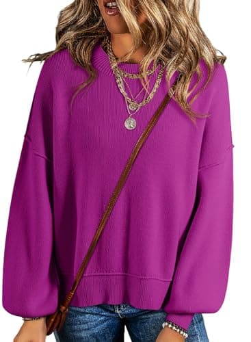 Dokotoo Oversized Sweaters for Women Crewneck Crop Ribbed Knit Tops Solid Color Patchwork Fall Winter Business Casual Pullover Sweater Trendy Violet Large - Image 1