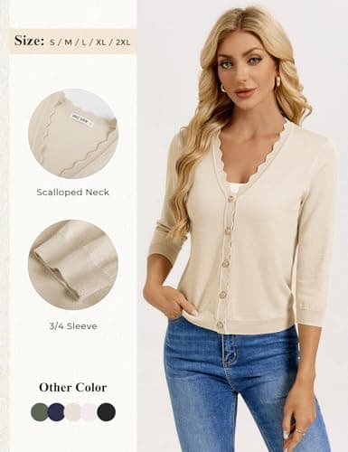 GRACE KARIN Beige Cardigan Sweater for Women Dressy Casual Bolero Shrugs Lightweight 3/4 Sleeve Cropped Open Front Knit Blazer - Thumbnail 4