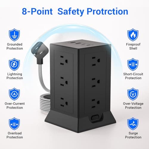 Power Strip Tower with Multiple Outlets, 10 Ft Extension Cord Flat Plug with 12 AC Outlets 4 USB Ports (2 USB C), Power Tower Surge Protector with Individual Switches for Home Office Dorm Room, Black - Thumbnail 6