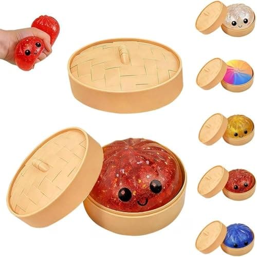 Dumpling Squishy Toy, Dumpling Squishy Mystery Box, Easter Basket Stuffers, Squeeze Dough Ball Stress Relief Hand Toys with Food Steamer Stretchy Desk Toys - Image 1