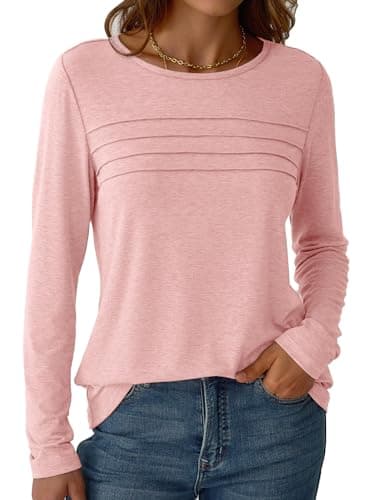 NORACORA Long Sleeve Tops for Women Fall Fashion 2025 Dressy Casual Crewneck Blouses Tshirts Trendy Pleated Tunic Shirts for Leggings Dusty Pink S - Thumbnail 3