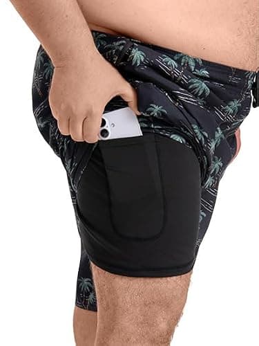 Yansylphsan Men‘s Big & Tall Swim Trunks 10 Inch - Quick Dry Beach Shorts with Compression Liner & 3 Pockets for Swimming, Beach (2X-6X) Black Leaves - Thumbnail 2