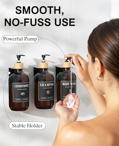 Luxspire Shampoo and Conditioner Dispenser, Shower Soap Dispenser Wall Mounted 3 Sets Plastic Bottles Bamboo Pump, 17OZ Shampoo and Conditioner Bottles for Bathroom, Shower Wall and Hotel, Amber - Thumbnail 3