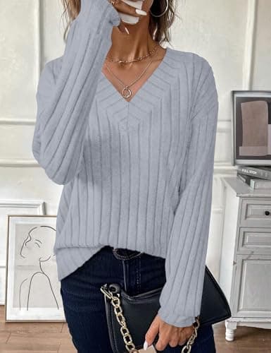 JUSTFASHIONNOW Womens V Neck Long Sleeve Shirt Fall Fashion Tunic Tops Dressy Casual Sweaters 2025 Trendy Work Blouses Outfits(Sky Blue,X-Large) - Thumbnail 2