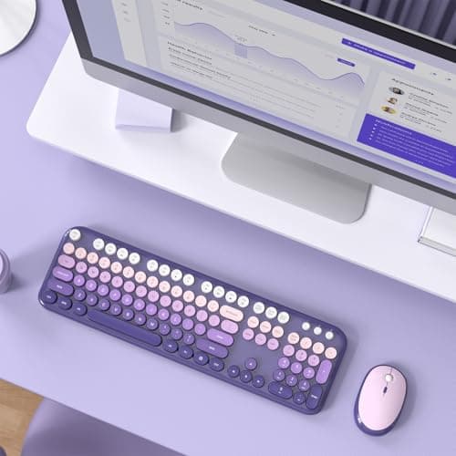 Atelus Wireless Keyboard and Mouse, 2.4G USB Retro Full Size Typewriter Keyboard and Cute Mouse Combo for Windows 7/8/10, Laptop, Desktop, PC, Computer (Purple) - Thumbnail 6