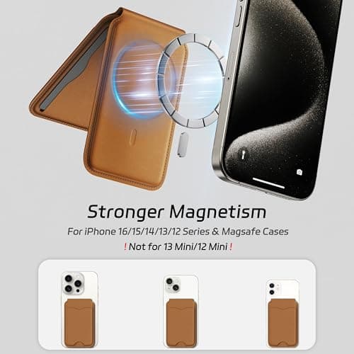 LULULOOK Magnetic Wallet Stand for iPhone, 2-in-1 Full Grain Leather Phone Wallet 3 Cards Holder w/Adjustable Stand, Fits iPhone 16/15/14/13/12 and Mag-Safe Compatible Cases, Not for Mini Models, Tan - Thumbnail 4