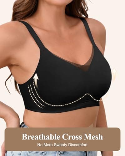 ZEBELL Wireless Bras for Women No Underwire, 2XL, Plus Size V Lace Comfortable Bralette with Support, Full Coverage T-Shirt Bra - Thumbnail 2
