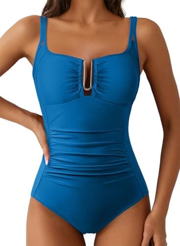 Aleumdr Womens U-Wired Bathing Suit Tummy Control Ruched Vintage One Piece Swimwear Modest Ruched Swimsuits Blue XX-Large