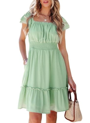 Dokotoo Cocktail Dresses for Women Oversized Dress Smocked Tiered Ruffle Elastic Waist A-Line Casual Midi Green Dress Square Neck Short Ruffle Sleeve Sexy Dresses for Wedding Guest Medium - Image 1