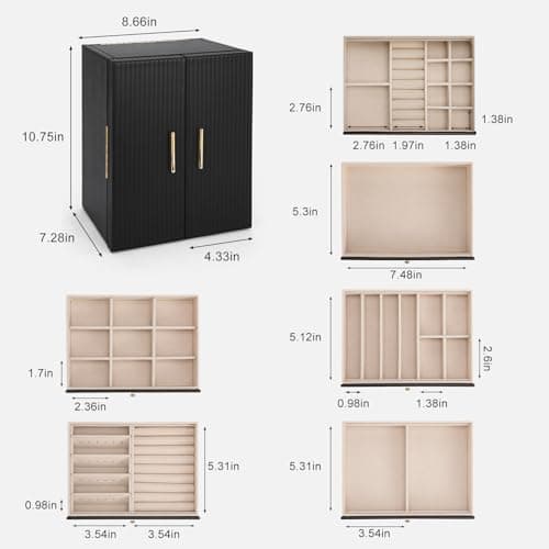 Dajasan Large Jewelry Organizer Box, 6-Tier Jewelry Storage Case with 5 Drawers, Jewelry Boxes for Women Girls with Mirror, Double Door, Textured PU Leather, Gift Idea, Stylish (Black + Gold) - Thumbnail 3