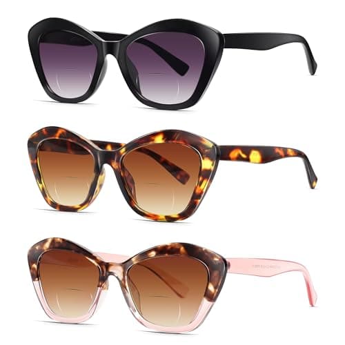 LADEESSE 3 Pack Bifocal Reading Sunglasses for Women Fashion Cateye Sun Readers Outdoor Reading Glasses UV400 +2.00Protection