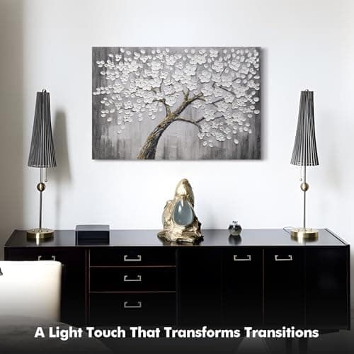 JUHOME Hand-Painted Black and White Thick Texture Flowers Abstract Oil Painting Wall Art,Floral Plum Blossom Tree with Raised Details,Modern Neutral Wall Decor for Home Bedroom,24x36 - Thumbnail 3