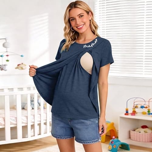 Nursing Shirts for Breastfeeding Double Layer Breast Feeding Tops Mama Postpartum Clothes Short Sleeve Maternity Tees Blue - Thumbnail 3