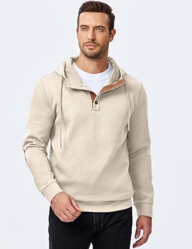 JMIERR Mens Early Fall Fashion Hoodies Casual Cotton Hooded Collar Drawstring Textured Long Sleeve Half Button Pullover Sweatshirts, XL, Beige - Thumbnail 2