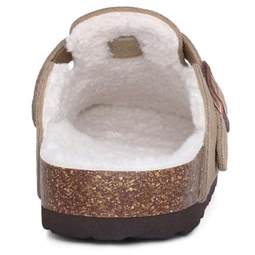 KIDMI Women's Fur Lined Suede Clogs Fuzzy Cork Footbed Mules Slip On Winter Potato Shoes, Taupe 46 (Size 14) - Thumbnail 4