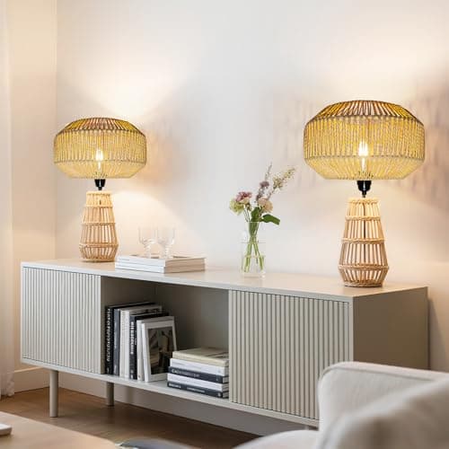 LUCORUSC Hanging Light Rattan Lamp Shades Boho Lamp Shades, Woven LampShades for Floor Lamps Rattan Pendant Lights Boho Lamp Light Table Lamps Plug in Pendant Light - Thumbnail 6