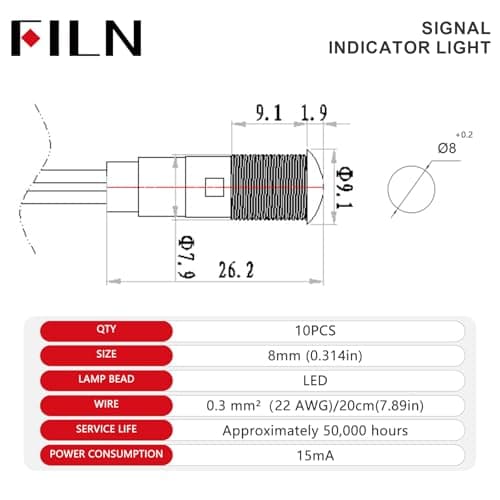 FILN 10PCS Small 110V LED Indicator Light, 8mm (5/16") IP67 Waterproof Low Power Pilot Lights Panel Mount for Car, Truck, Boat, Marine, Dash(110v, Green) - Thumbnail 2