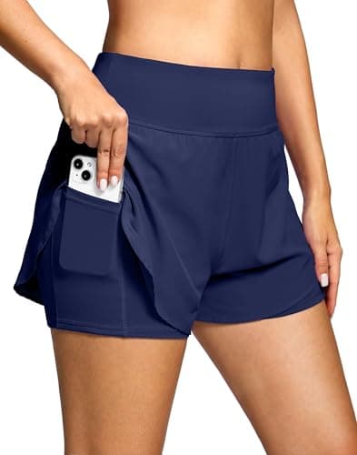 Soothfeel Women's 2 in 1 Running Shorts - High Waisted Lightweight Athletic Workout Gym Yoga Shorts Spandex Liner with Pockets Navy XL - Image 1