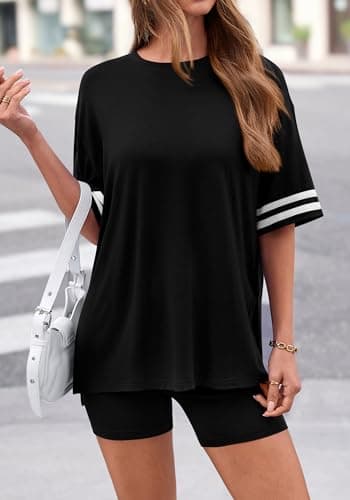 KIRUNDO 2 Piece Sets for Women Summer Lounge Set Airport Travel Outfit 2026 Oversized Shirts Matching Biker Shorts Clothing(Black, X-Large) - Thumbnail 4