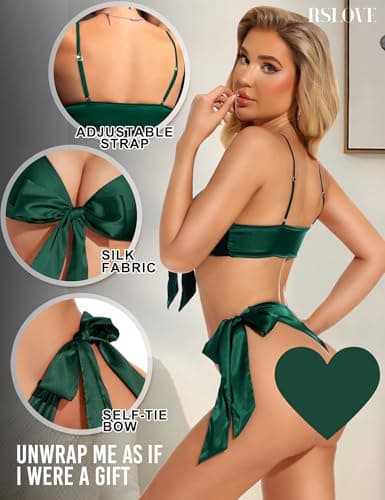 RSLOVE Womens Lingerie Set Satin Bow Tie 2 Piece Bra and Panty Sets Dark Green Large - Thumbnail 3