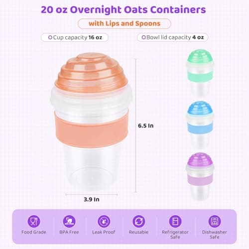 Torchero Yogurt Parfait Cups with Lids Reusable - 4 Pack 20 oz Overnight Oats Containers with Lids Folding Spoons Granola Topper, Cereal Salad Jars for Oatmeal Chia Pudding Meal Prep - Thumbnail 5