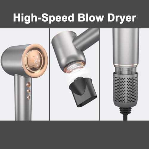 Hair Dryer - 110000 RPM High-Speed Brushless Motor Negative Ionic Blow Dryer for Fast Drying, Low Noise Thermo-Control Hair Dryer with Magnetic Nozzle, Gold Silver - Thumbnail 4