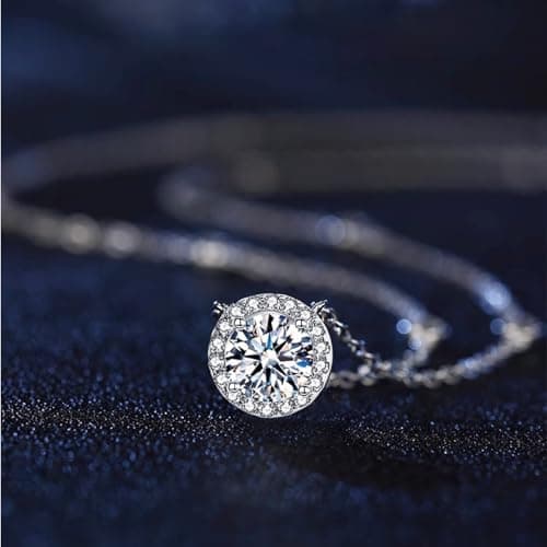 Moissanite Halo Pendant Necklace for Women, 18K Gold Plated 925 Sterling Silver, 1-3CT Lab-Created Diamond D Color VVS1 Round, Hypoallergenic Moissanite Pendant Necklace, Valentines Anniversary Jewelry for Wife (Round Halo, 18K White Gold Plated S925, 1CT) - Thumbnail 4
