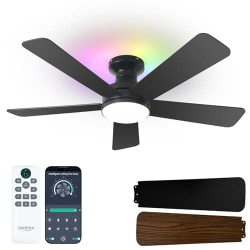 Ombrin 42 Inch Ceiling Fan with Lights, RGB Ceiling Fan with Light, App & Remote Control, Flush Mount Low Profile, Reversible, 3CCT, Dimmable LED, Noiseless, Black Ceiling Fan for Bedroom