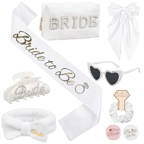 WOVOWOVO Bridal Shower Gifts for Bride To Be: Bachelorette Party Accessories Wedding Gifts - Bride Sash, Makeup Bag, Hair Clip, White Hair Bow, Sunglasses and Facial Headband - Image 1