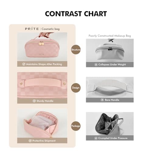 Prite Makeup Bag for Women Travel Waterproof Vegan Leather Cosmetic Bag Open Flat Toiletry Bag With Clear Divider and Handle (Plaid Pink, Medium) - Thumbnail 4