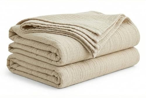 Corizei 100% Cotton Muslin Blankets for Adults, 6-Layer Lightweight King Size Blanket for Bed, Pre-Washed Breathable Gauze for Bed Layering, All Season Comfort, Linen Beige 108"x90" - Image 1