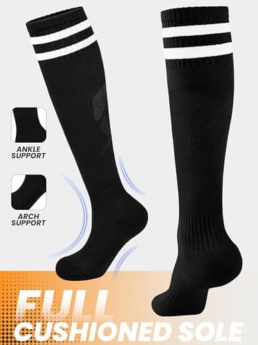 Hryrbay 4 Pairs Kids Cotton Soccer Socks Cushion Striped Baseball Uniform Boys World Cup Sock Toddler Girls Knee High Socks (Black,6-9 Years) - Thumbnail 3