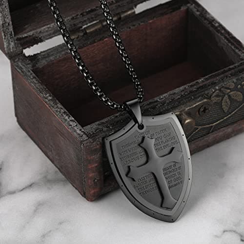 Rehoboth Mens Stainless Steel Shield Cross Pendant Necklace Shield Armor Pendant Chain 24 Inch for Women Men Black - Thumbnail 2