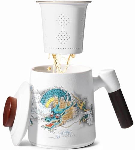 Foinly Ceramic Tea Cup with Infuser and Lid, 13.5 oz Tea Mug for Loose Leaf Tea,Wood Handle,Chinese Dragon Design,All Porcelain Strainer,BPA-Free, Perfect for Tea Lovers/Birthday/Mother's Day (White） - Image 1