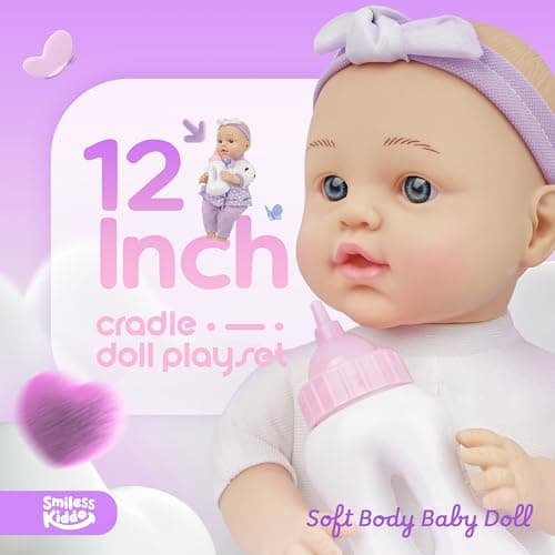 SMILESSKIDDO Baby Doll with Accessories, 12" Dolls Playset with Washable Carrier Bassinet Bed, Bottle, Blanket, and Pillow, Soft Body Baby Dolls for 2+ Year Old Girls - Thumbnail 2