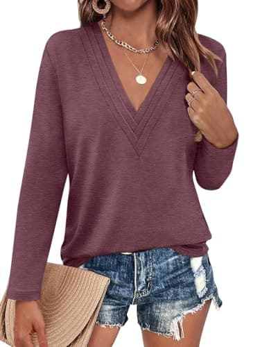EasyGala Womens Deep V Neck Long Sleeve Shirts Pleated Dressy Casual Tops Sexy Loose Fit T Shirt Maroon Small - Image 1