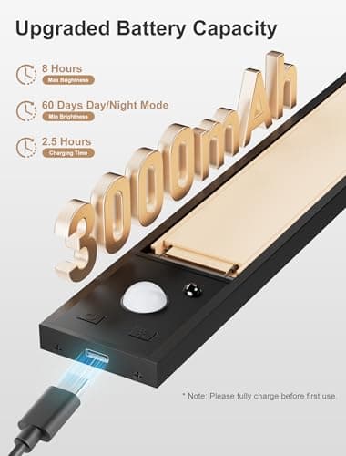 Tnight 8inch Under Cabinet Lighting,56 LED -3 Color& 7 Levels Under Cabinet Lighting Rechargeable,3000mah Dimmable Magnetic Cabinet Lights, Punch-Free smart Sensor Magnetic Rechargeable led Lights - Thumbnail 3