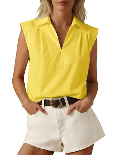 Tankaneo Womens Summer V Neck Tank Tops Collared Sleeveless Shirts Trendy Casual Loose Fit Blouse Yellow - Image 1