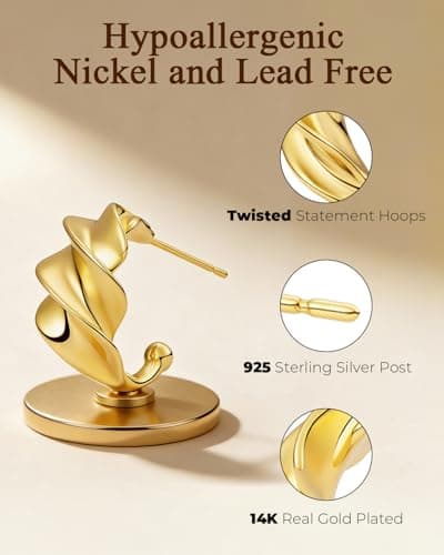 EYESHOCK Small Half Huggie Hoop Earrings for Women, Chunky Style 18K Gold Plated 925 Sterling Silver Post, Hypoallergenic Lightweight Twisted Honeycomb Texture Hoops - Thumbnail 4