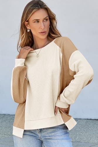 Dokotoo Womens Sweatshirt Oversized Waffle Knit Sweater Color Block Crewneck Sweatshirts for Women Long Sleeve High Low Casual Cozy Pullover Shirt Tops Fall Fashion Outfit Clothes 2024 White Small - Thumbnail 5