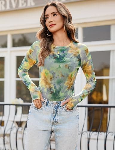 Totatuit Women Long Sleeve Mesh Top Floral Printed Crewneck Basic Fitted Blouse Shirts for Teen Girls See Through Sheer Mesh Top Night Out Party Travel Tshirts Green Small - Thumbnail 3