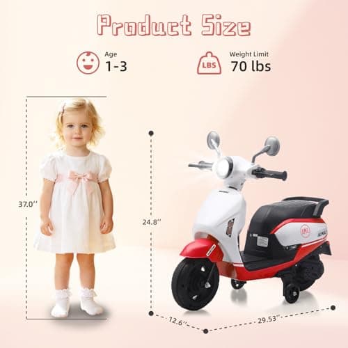 HEIMILI 6V Toddler Motorcycle, Kids Electric Moped for 1-3 Years, 2 Wheel Ride On Scooter with Training Wheels, Music & Headlight, 2 MPH Speed for Boys Girls (Red) - Thumbnail 3