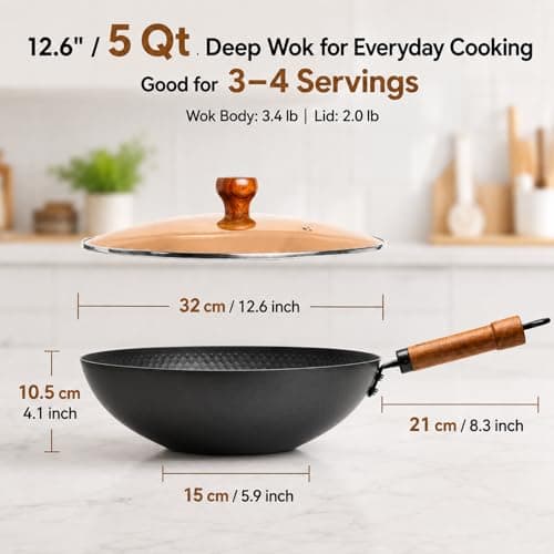 WANGYUANJI Carbon Steel Wok Pan with Lid, 12.6 Inch Flat Bottom Wok for Induction, Gas & Electric Stoves, Chinese Stir Fry Pan with Detachable Wooden Handle - Thumbnail 2