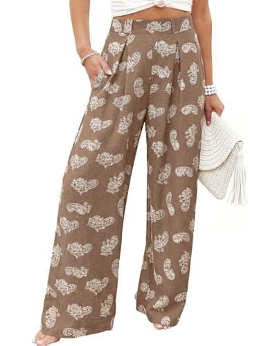 Bsubseach Women Palazzo Pants Modern Boho Floral High Waisted Wide Leg Pants Summer Causal Beach Trousers with Pockets Khaki M - Image 1