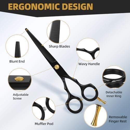 ETHTXE Professional Black Hairdressing Scissors, 6.5" Japanese Stainless Steel Thinning & Straight Trimming Shears – Salon-Grade Barber Tools for Men, Women, and Family Gifts - Thumbnail 5